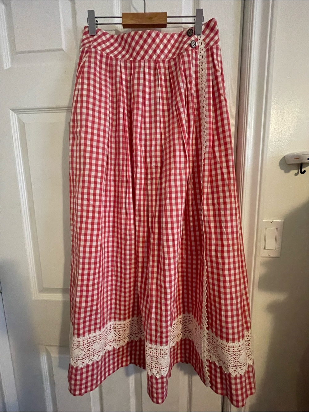 Vintage Red Gingham Midi Skirt with Lace Trim